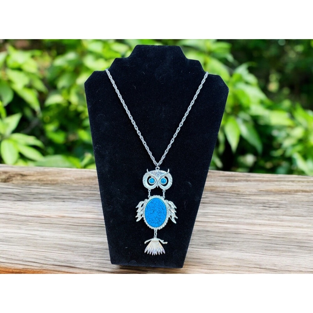 VTG Owl Necklace Silver Tone Faux Turquoise Cabochon Belly and Eyes 5" Pendant
